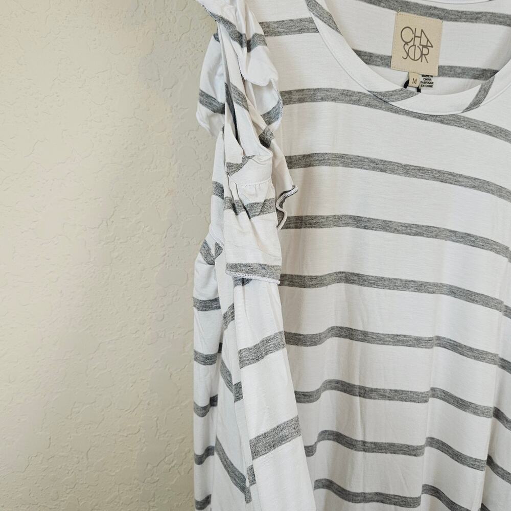 Chaser Striped White Gray Long Sleeve Cold Shoulder Top Women's Medium Casual - Picture 5 of 7